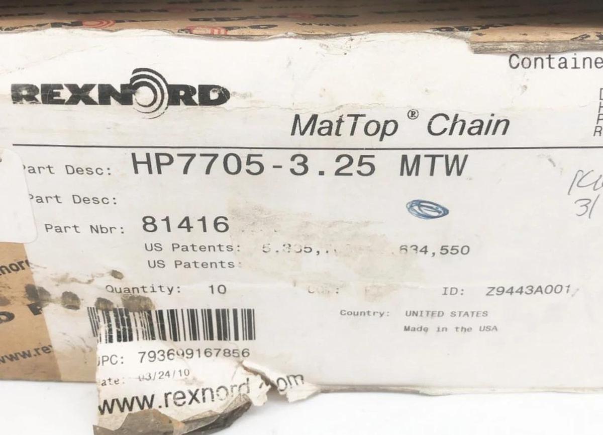 New Rexnord HP7705-3.25 MTW MatTop Chain 10 FT. Total 81416331 10028407