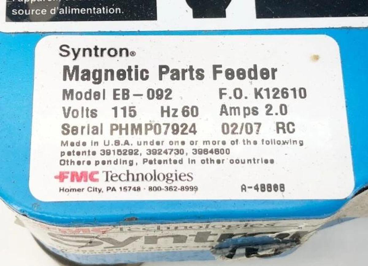 Used FMC Syntron EB-092 Magnetic Parts Feeder 115V 60Hz 2A