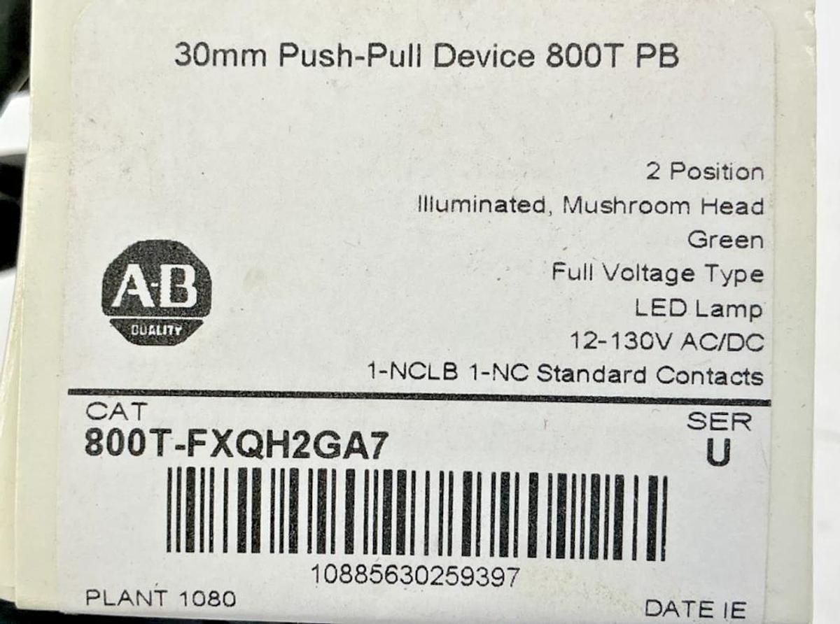 New Allen Bradley 800T-FXQH2GA7 Ser U Push-Pull Device 2Pos Green LED 12-130V