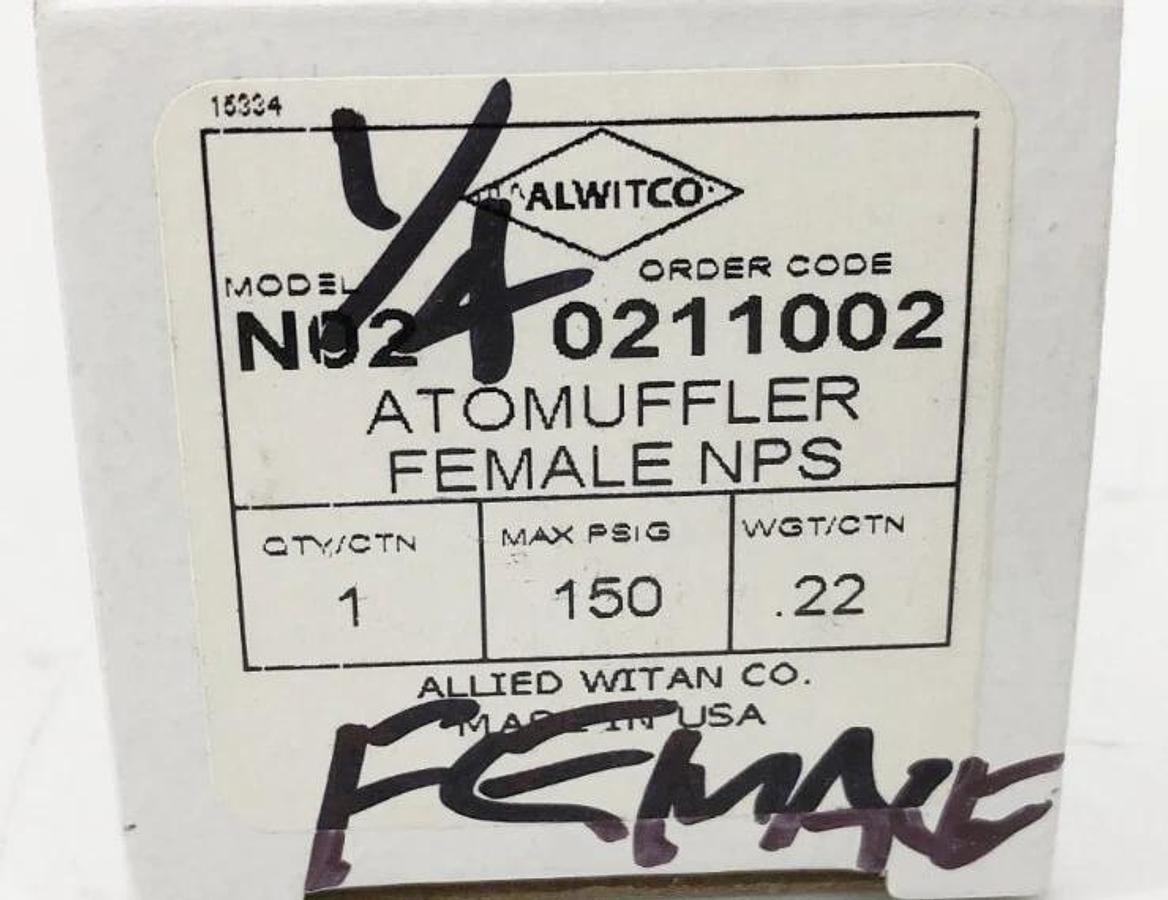 New Alwitco N02 0211002 Air Exhaust Muffler 1/4" Female 150psig
