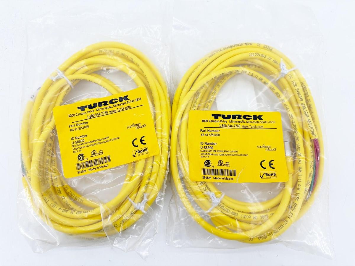 Lot of 2 New Turck KB4T-5/S1050 Cordsets for Actuators/Sensors 5m Length U-58390