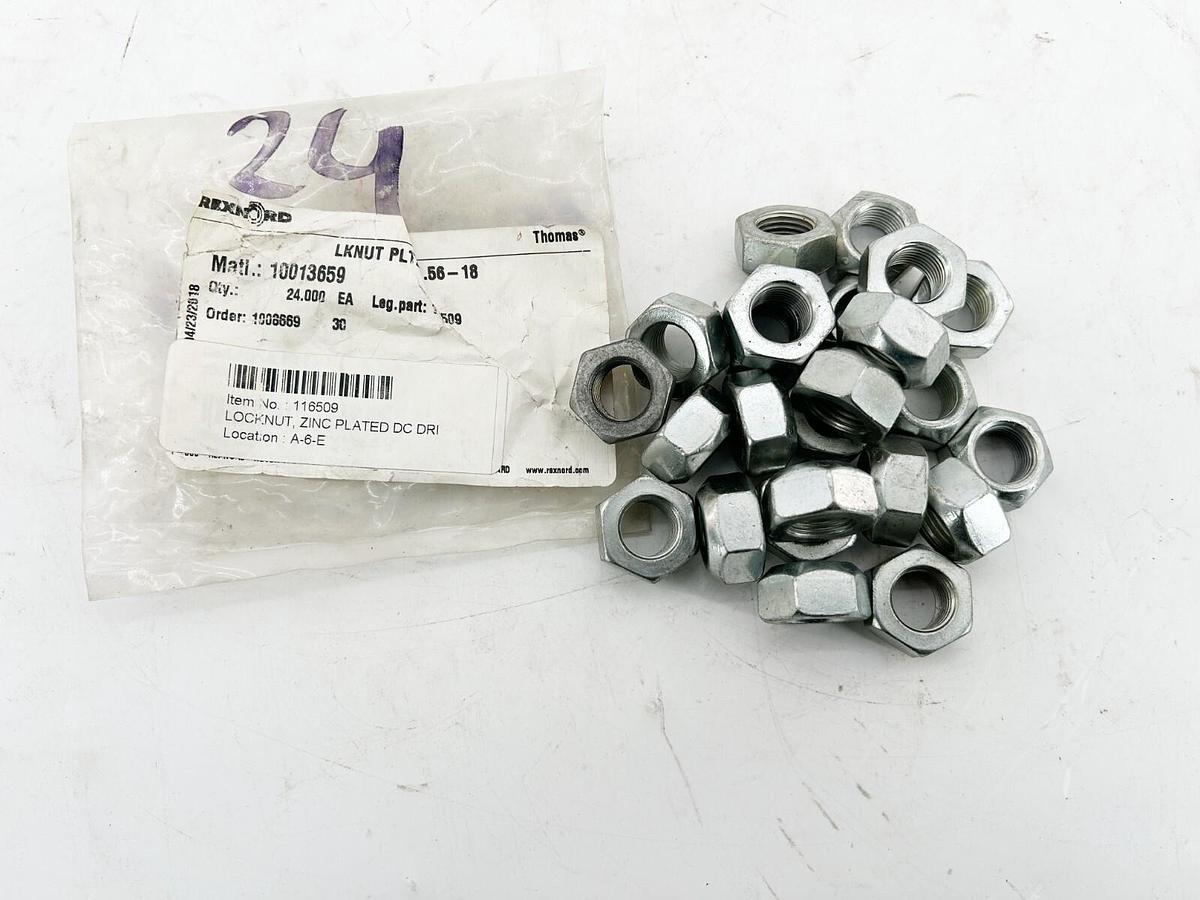 New Lot of 24 Rexnord 116509 LKNUT PLTZN .56-18 Nut Zinc Plated 10013659