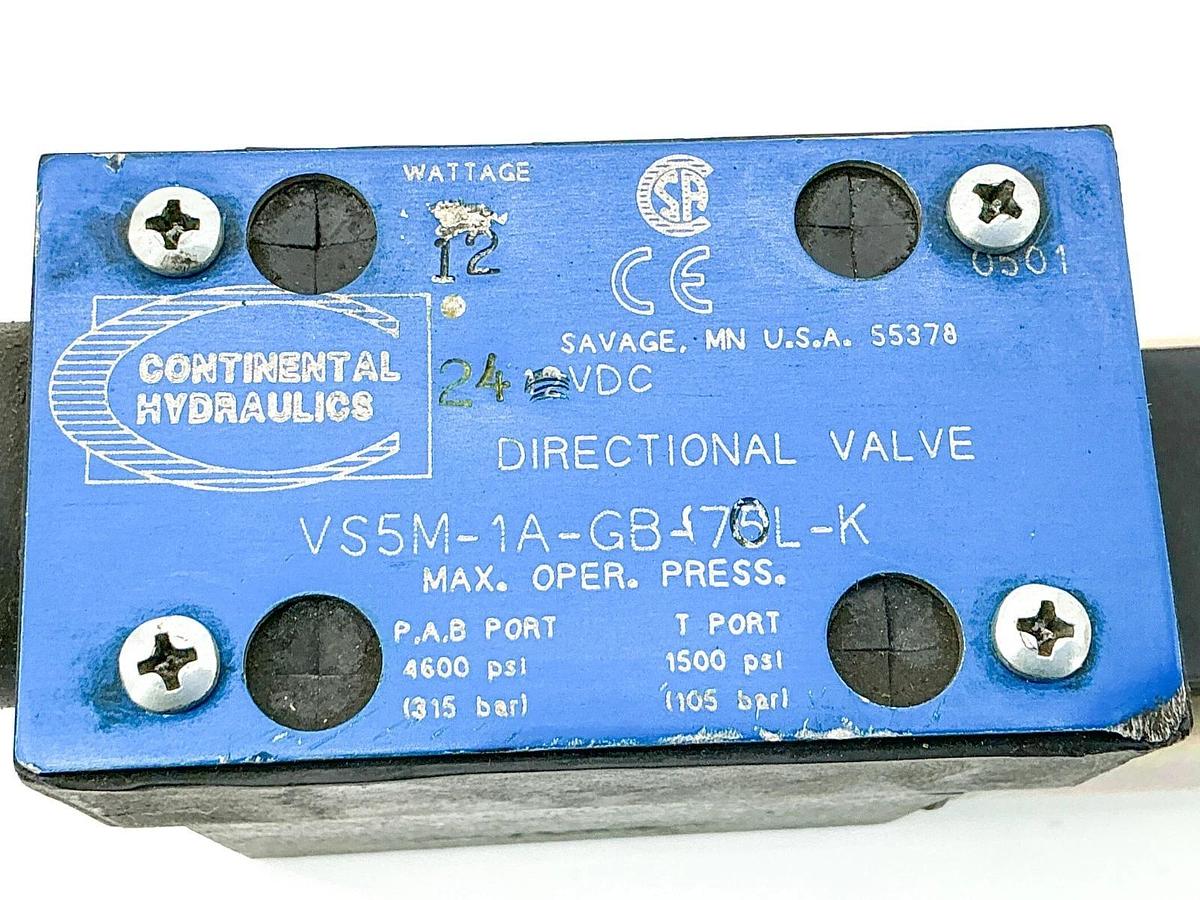 Used Continental Hydraulics VS5M-1A-GB-75L-K Directional Valve 24VDC 4000PSI 12W