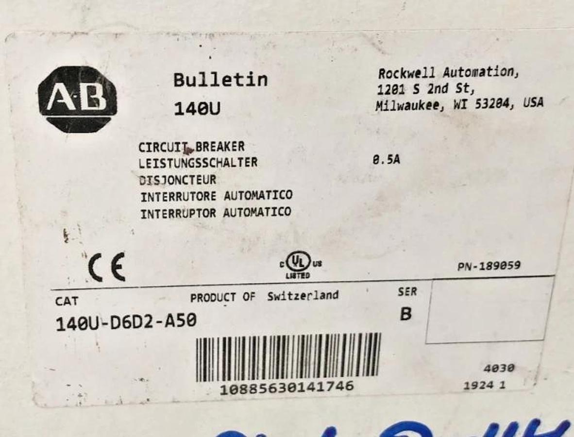 New Allen Bradley 140U-D6D2-A50 Ser. B Circuit Breaker 0.5A 6kV 2-Pole