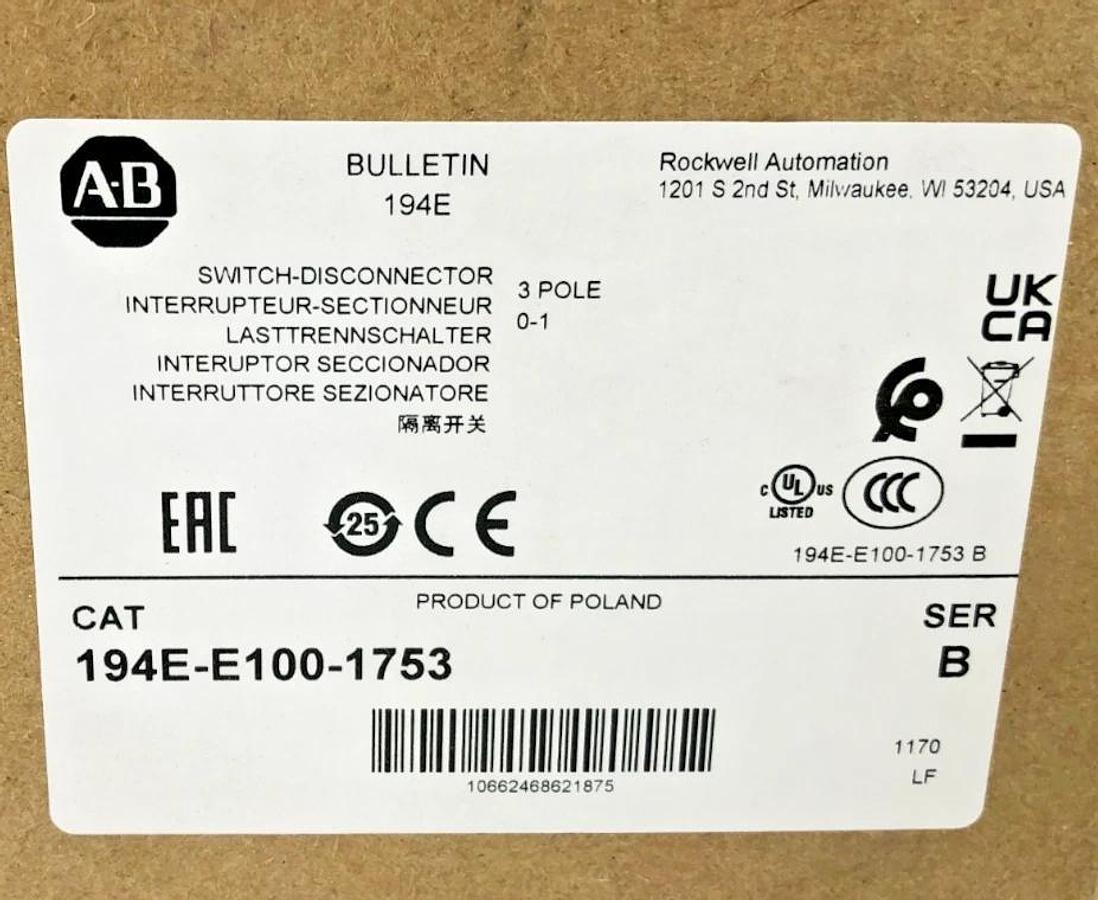 New Allen Bradley 194E-E100-1753 Ser. B Load Switch 3P 100A 600VAC