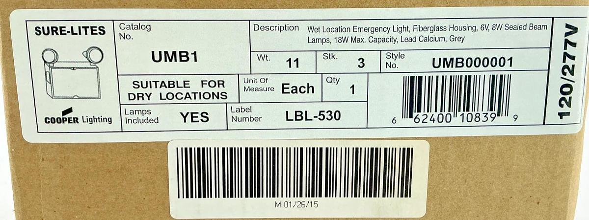 New Cooper Lighting UMB1 Sure-Lites Wet Location Emergency Light 6V 18W Max
