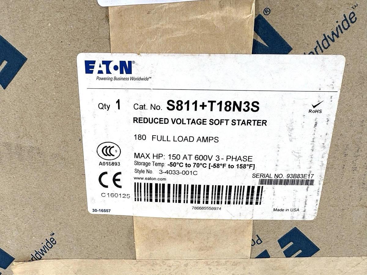 Used New Sealed Eaton S811+T18N3S Reduced Voltage Soft Starter 3PH 180A 200-600VAC