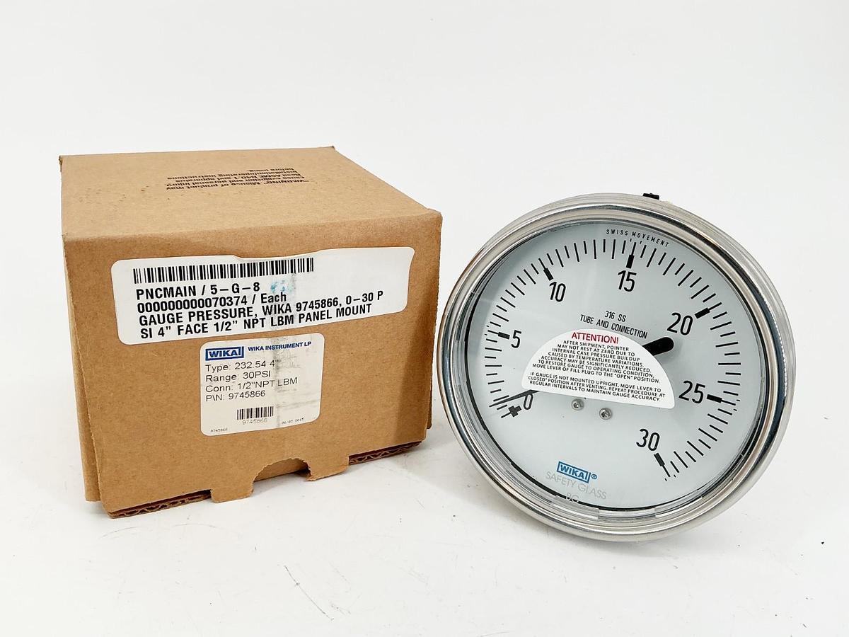 New Wika Type 232.54 4" 9745866 Pressure Gauge 4" Face 30PSI 1/2"NPT