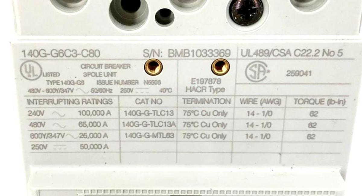 New Allen Bradley 140G-G6C3-C80 Circuit Breaker 80A 3P 480V - No Box