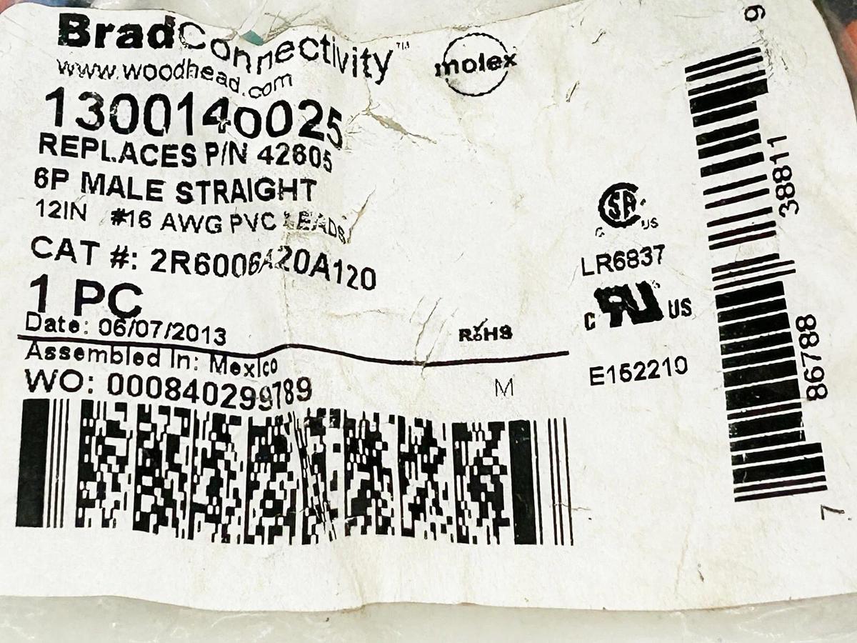 New Brad Connectivity 1300140025 Cordset 6P Male Straight 12" 16AWG PVC Leads