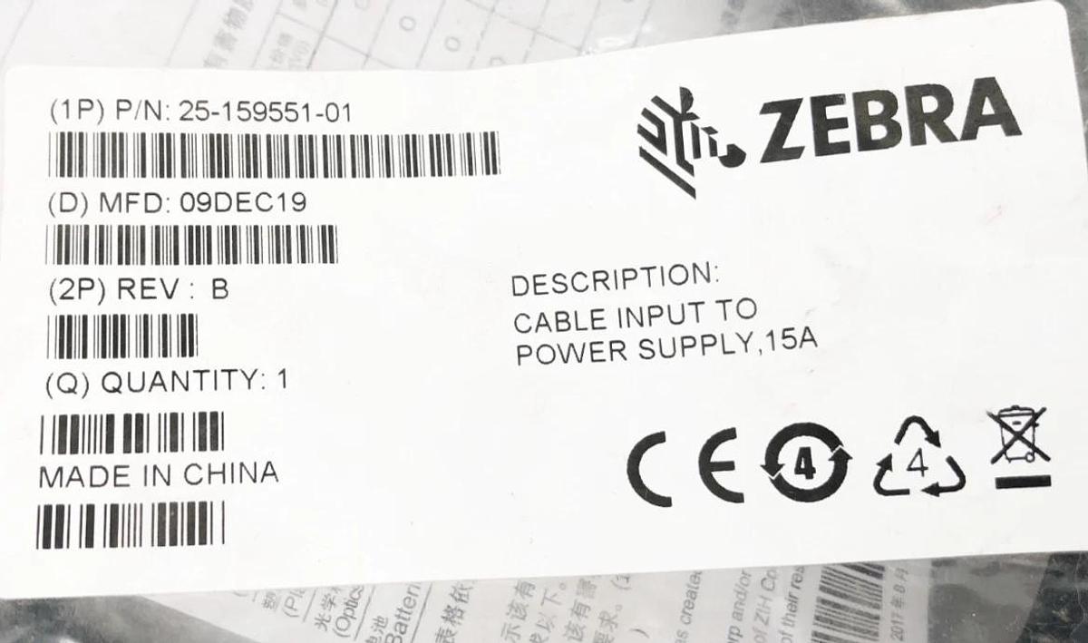 New Zebra 25-159551-01 Power Supply Cable for VC70 15A