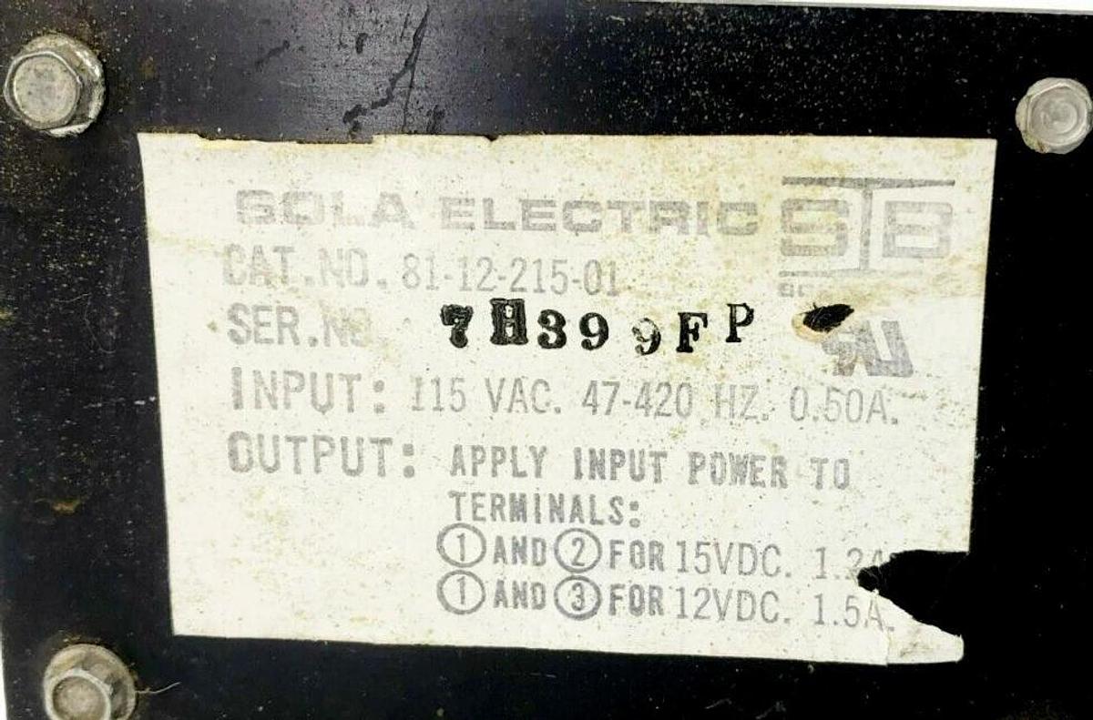 Used Sola Electric 81-12-215-01 Power Supply 115VAC 47-420HZ 0.50A 12-15VDC