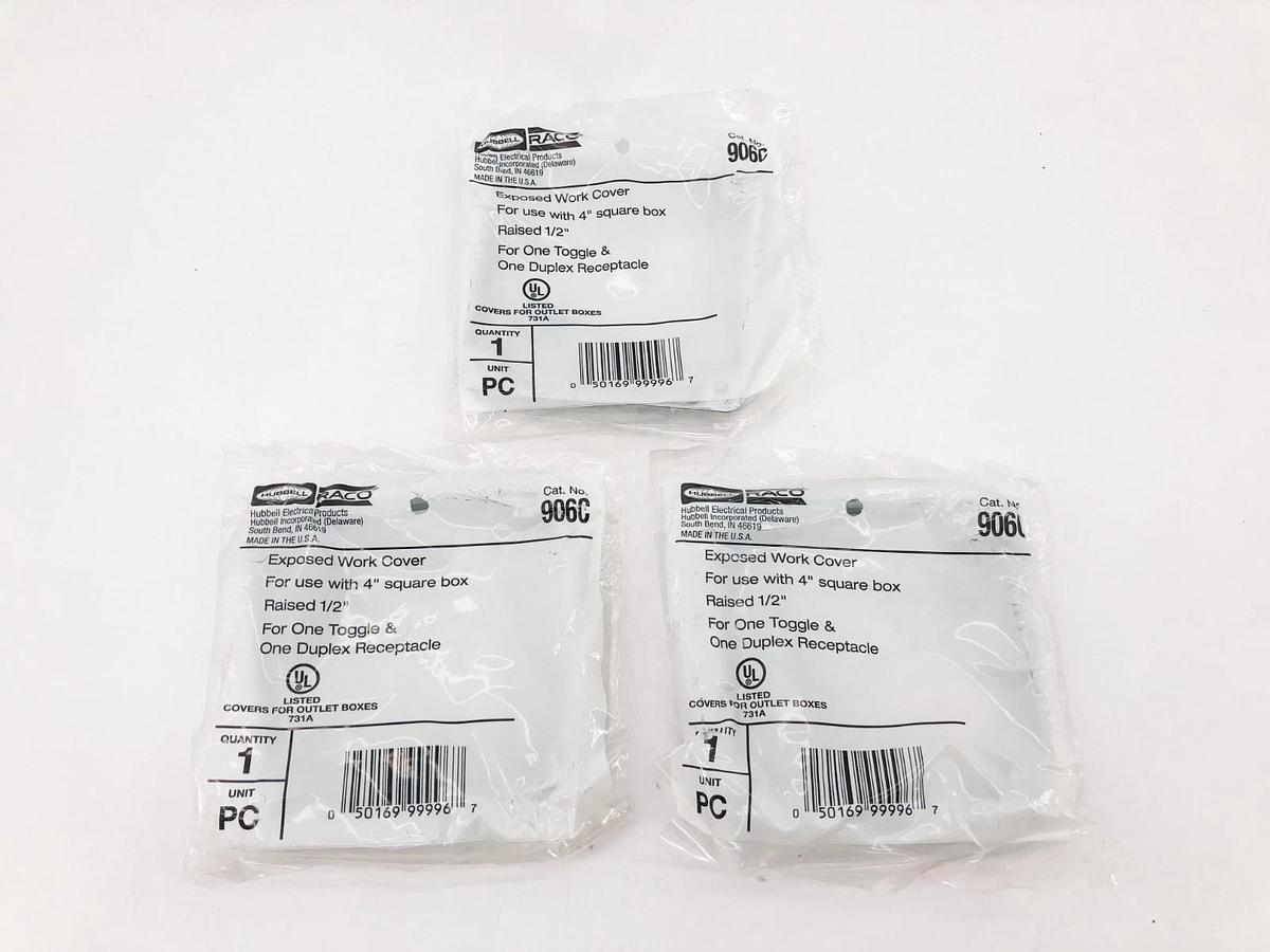 Lot of 3 New Hubbell Raco 906C Duplex Receptacle Toggle Switch 2-Gang 4" Square