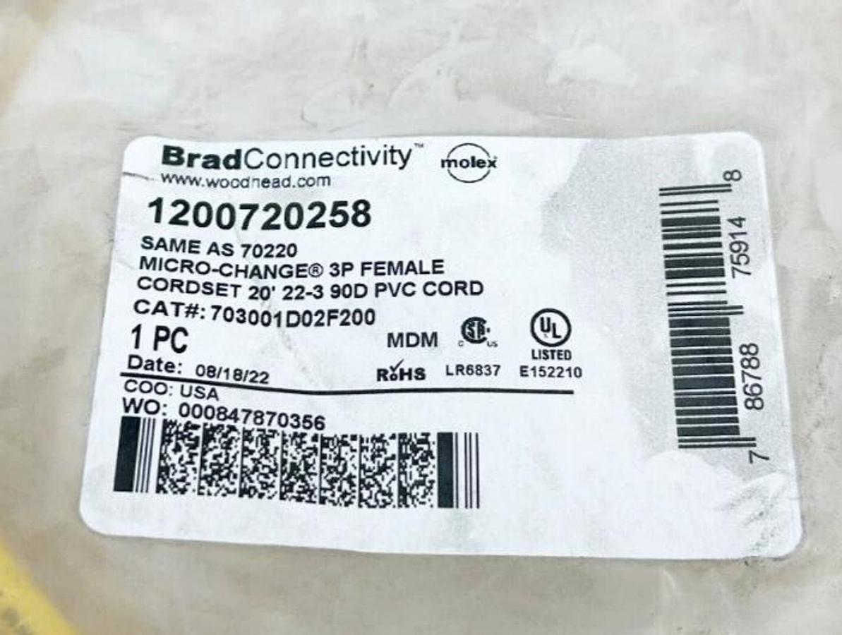 New Lot of 2 Brad Connectivity 1200720258 Micro-Change 3p Female Cordset 20'