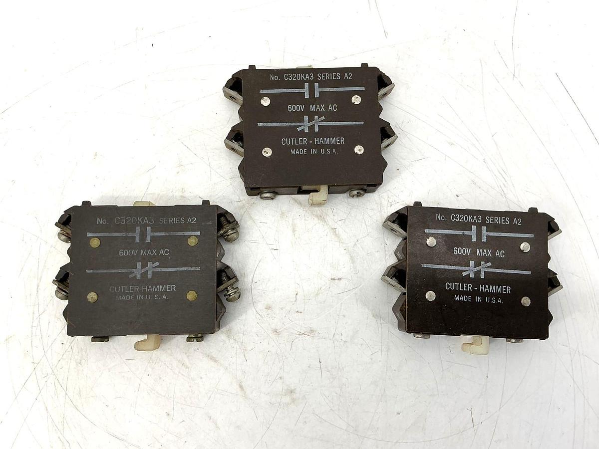 Used Lot of 3 Cutler-Hammer C320KA3 Ser A2 Base Auxiliary Contact 1NO/1NC 600VAC
