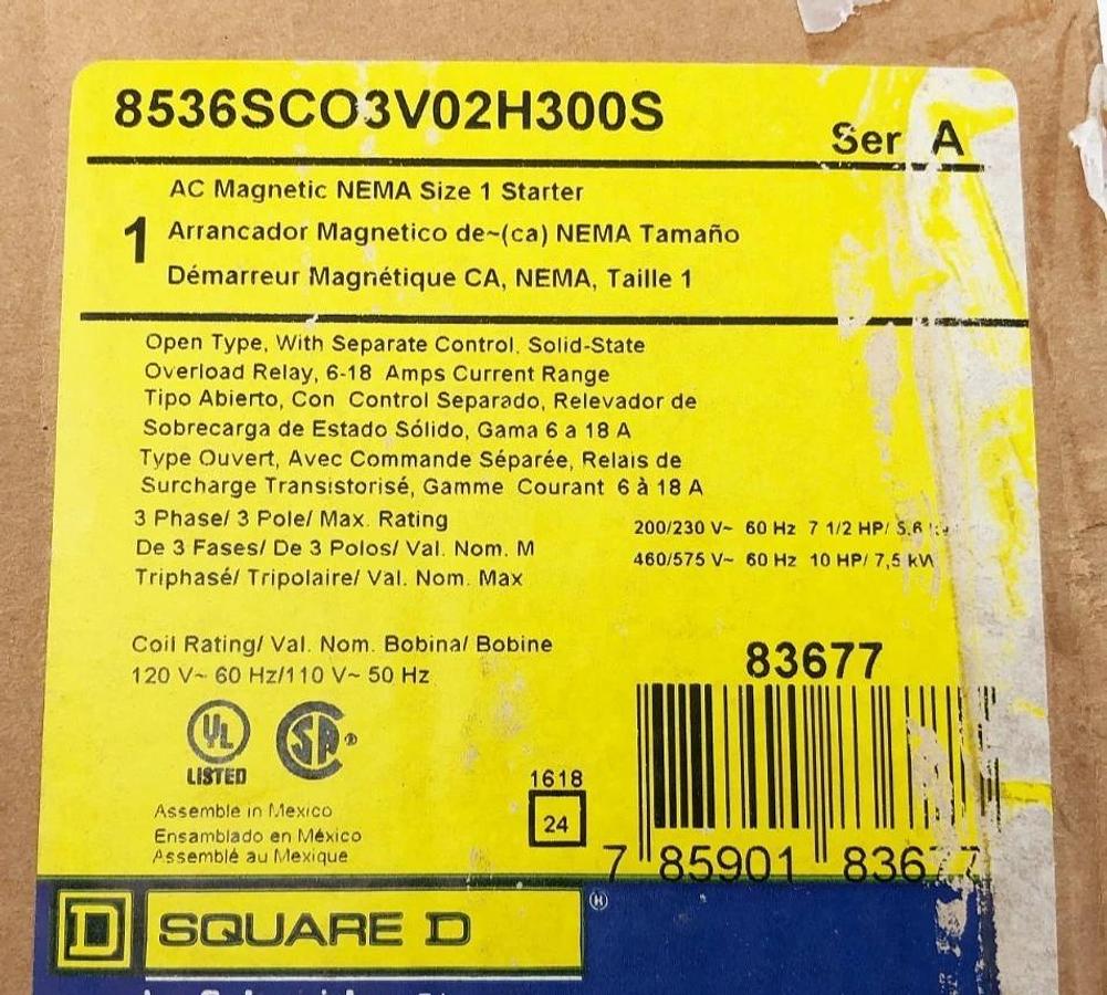 New Square D 8536SCO3V02H300S AC Magnetic Starter 120V NEMA 1 Ser. A