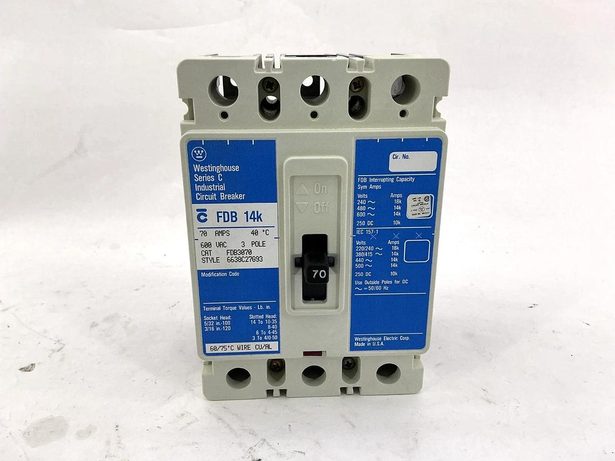 New Westinghouse FDB3070 Ser C Industrial Circuit Breaker 3-Pole 40C 70A 600V