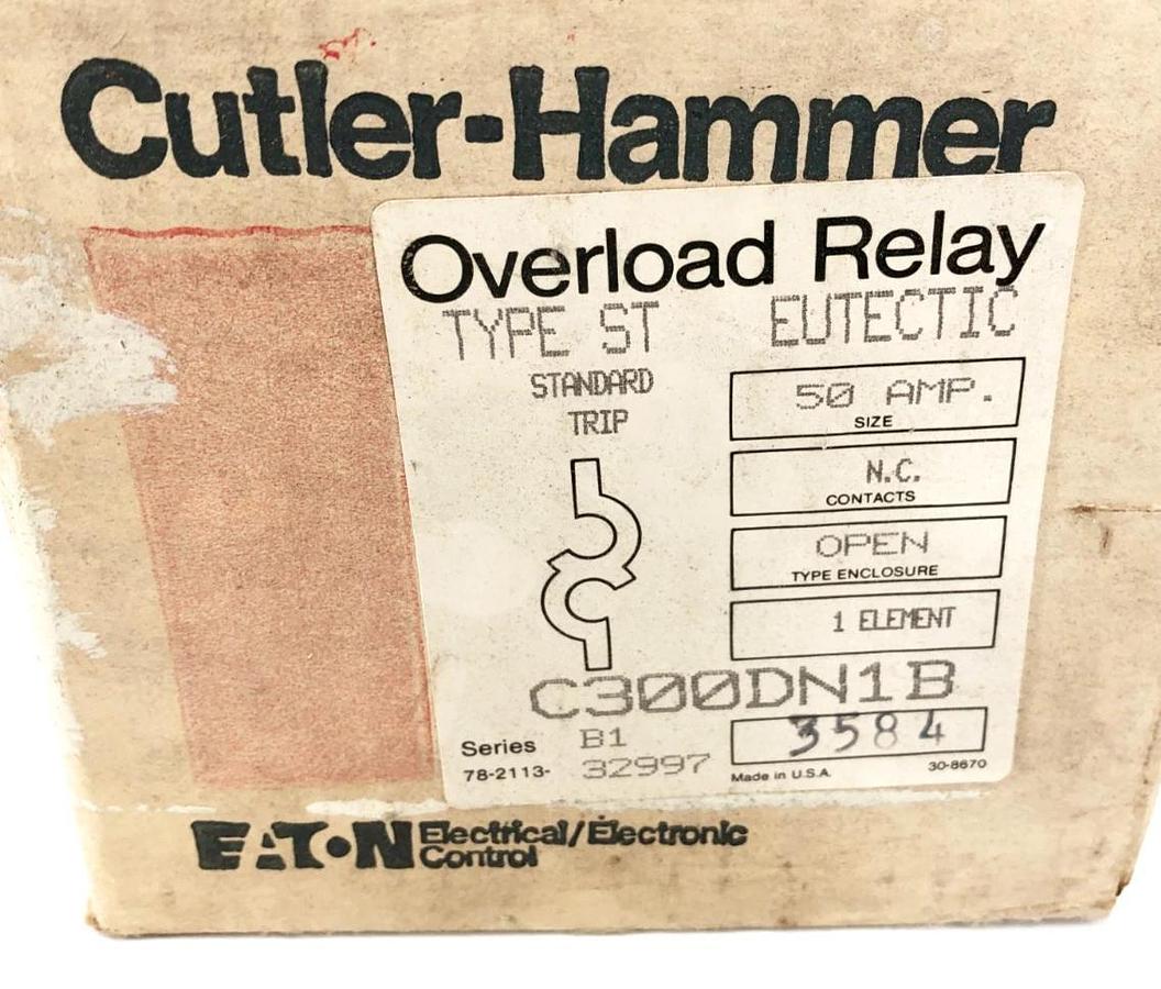 New Eaton Cutler Hammer C300DN1B Overload Relay Type ST Eutectic 50A NC