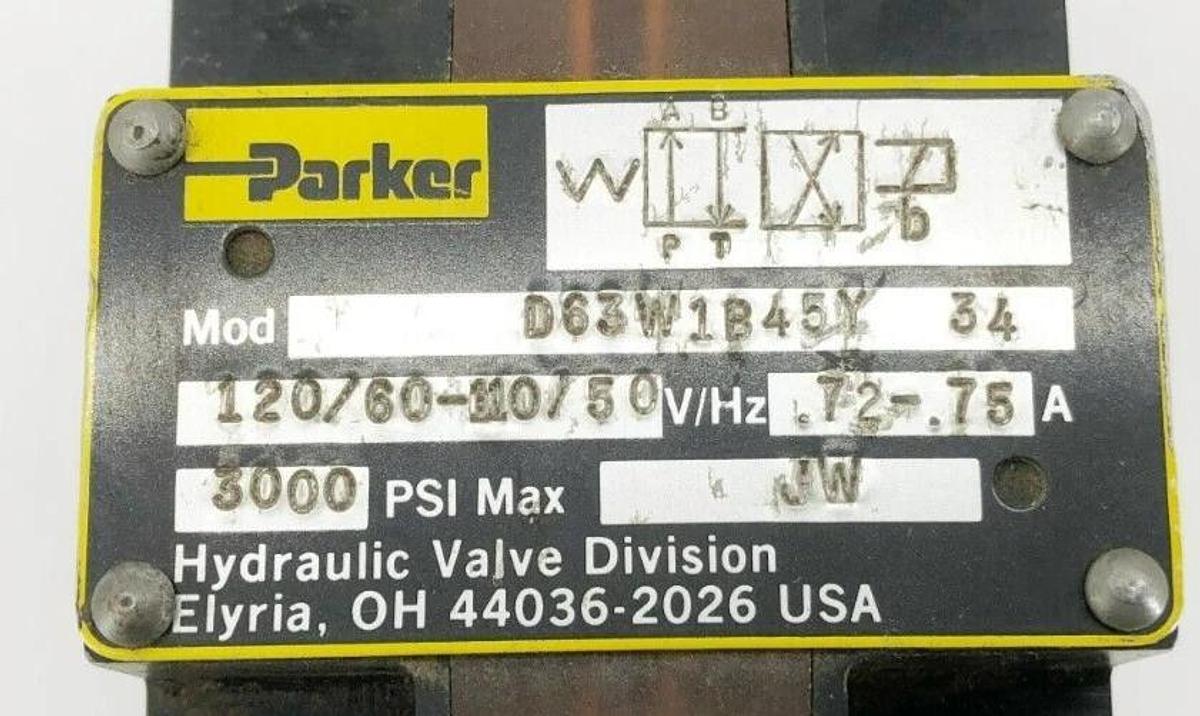 Used Parker D63W1B45Y 34 Directional Control Valve 120/60-110/50 .72-.75A 3000psi Max