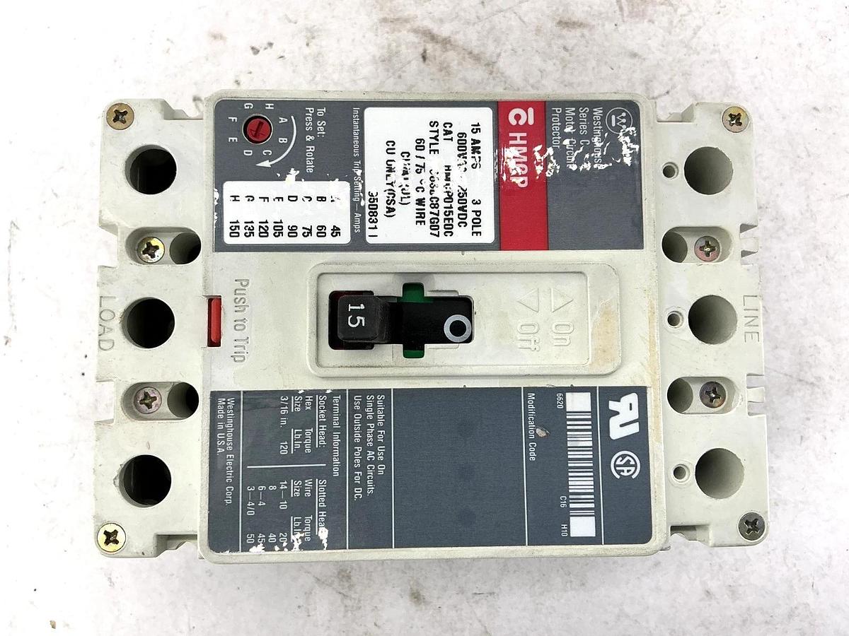 Used Westinghouse HMCP015E0C Ser C Motor Circuit Breaker 3-Pole 15A 600VAC