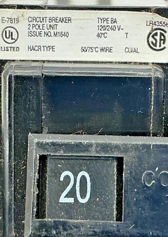 Used Cutler-Hammer BA220 Circuit Breaker Type BA 2-Pole 20A 120/240V
