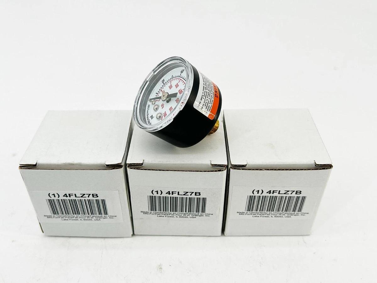 New Lot of 3 Grainger 4FLZ7B Pressure Gauge 0-100PSI 1/8 NPT