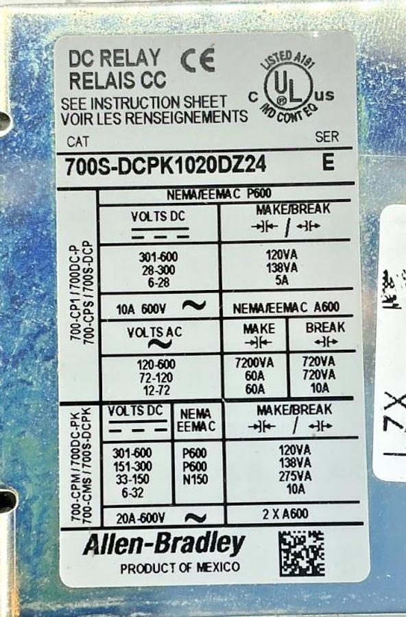 New Allen Bradley 700S-DCPK1020DZ24 Ser E Master Safety Control Relay 24V No Box