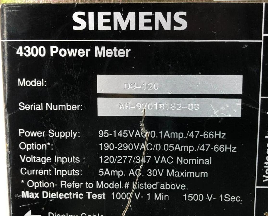 Used Siemens DC-120 4300 Power Meter 95-145VAC
