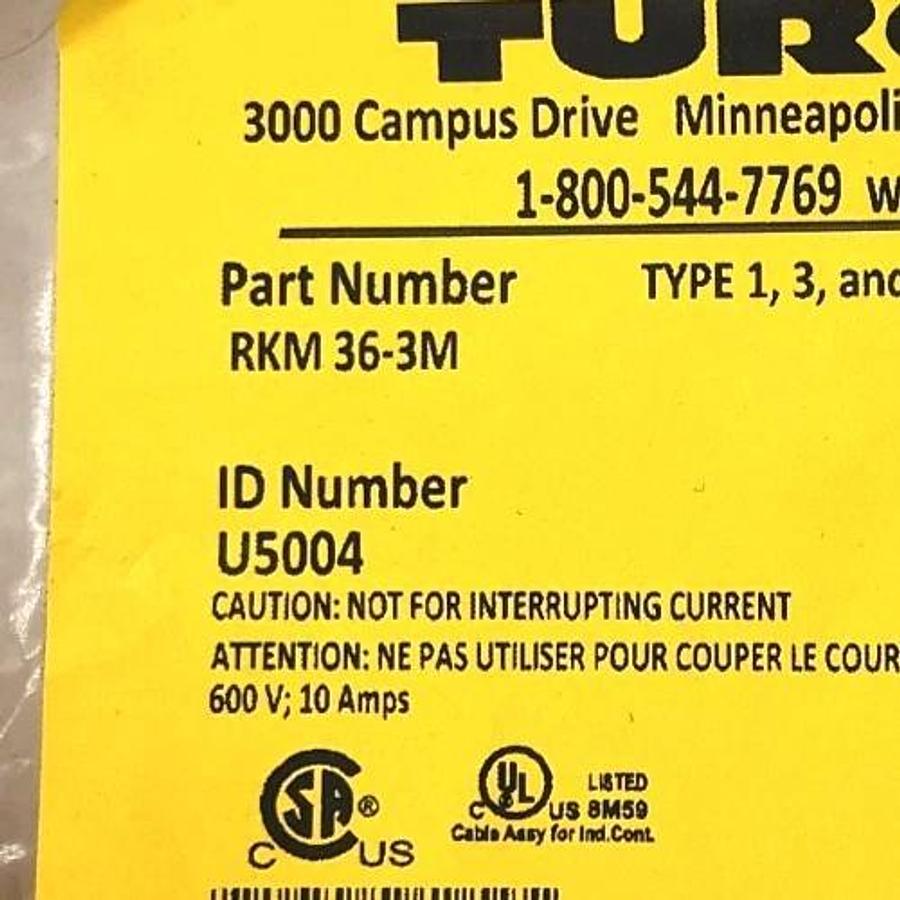 New Turck RKM-36-3M Mini Fast Cordset 3-Pin Female 3-Wire 10A 600V