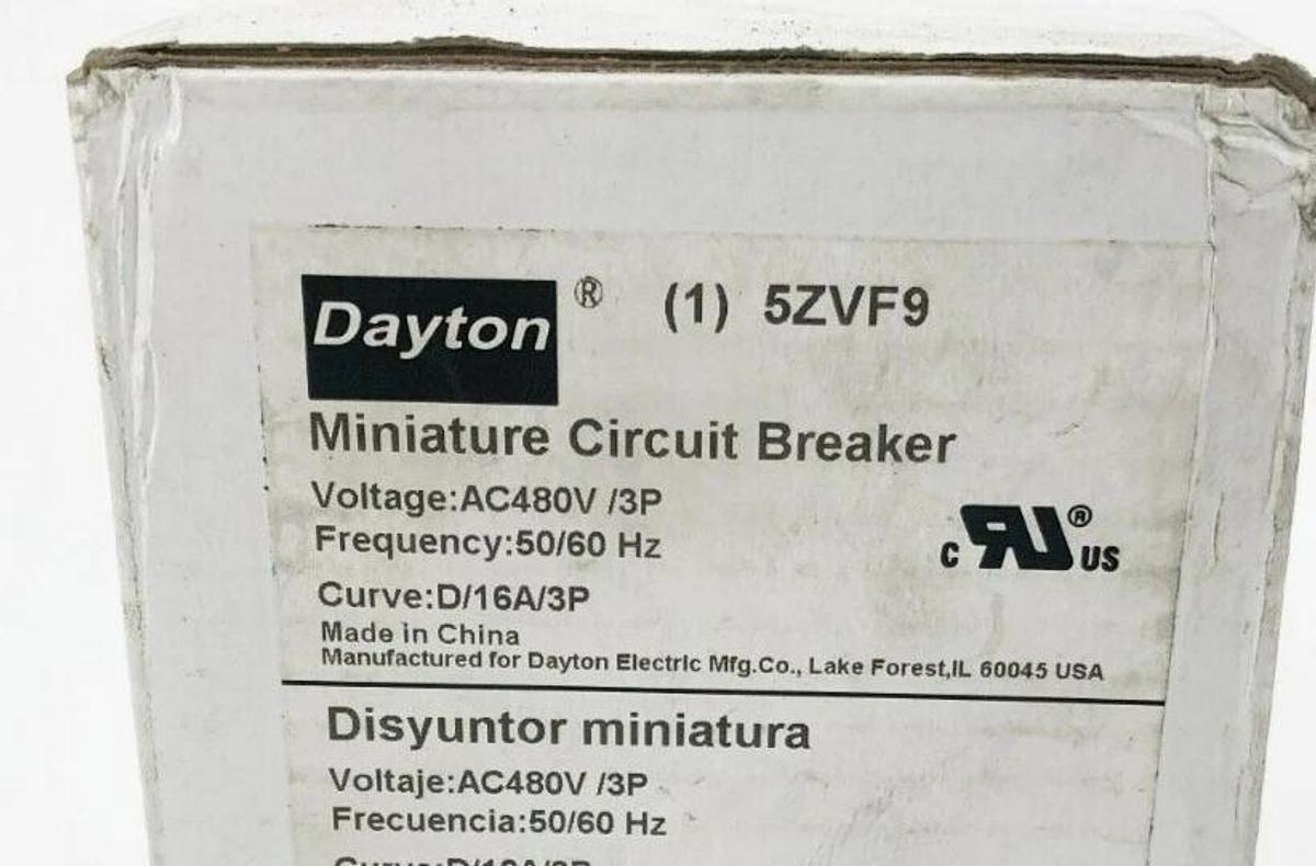 New Dayton 5ZVF9 Circuit Breaker 480V 16A 3 Pole