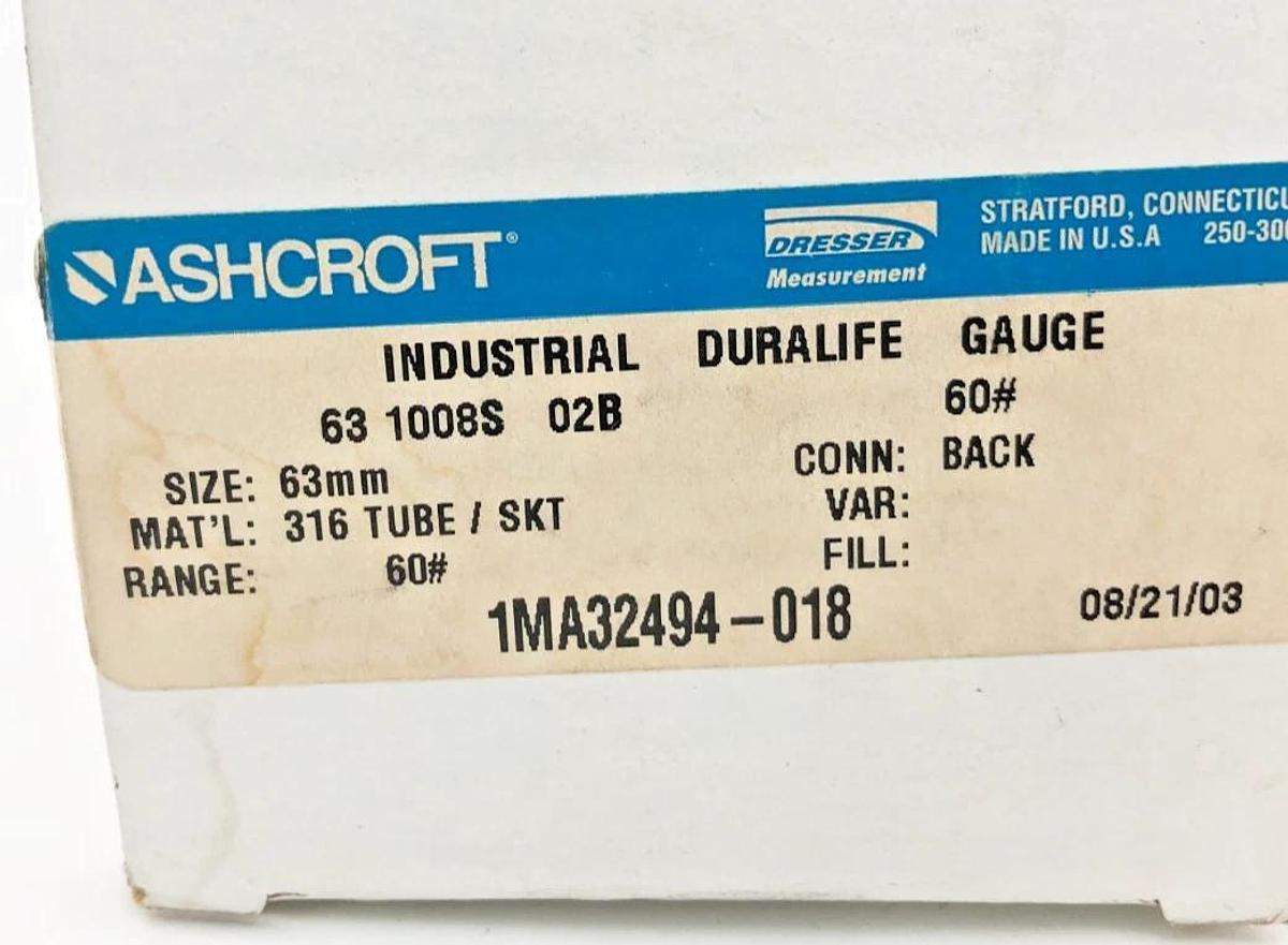 New Ashcroft 63-1008S-02B-60# Pressure Gauge 63mm 60psi Back Mount