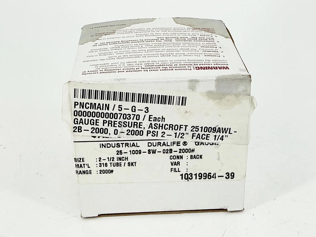 New Ashcroft 25-1009-SW-02B-2000# Pressure Gauge 0-2000PSI 2.5" Face 1/4" NPT