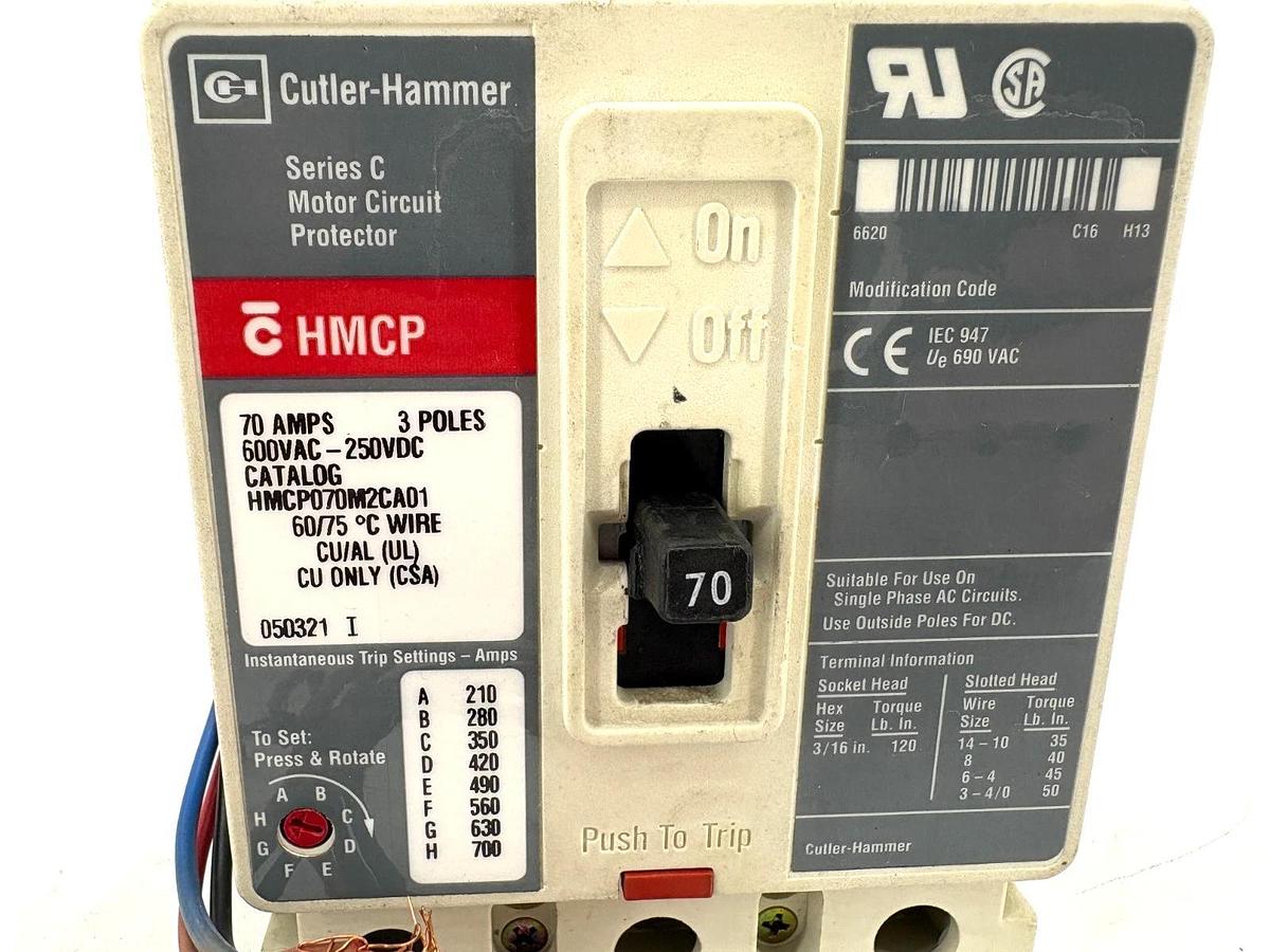 Used Cutler-Hammer HMCP070M2CA01 70A Circuit Breaker w/ A1X1PK Aux. Switch 600VAC 3P