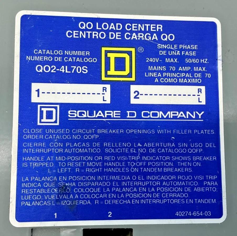 New Square D QO2-4L70S Ser G2 QO Load Center 1PH 2W 240V 50/60HZ