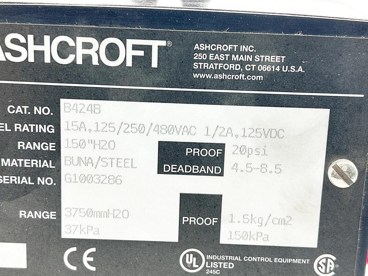 New Ashcroft B424B Pressure Switch 150 inches of water Range 15A 125-480VAC
