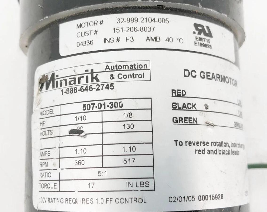 Used Minarik 507-01-300 DC Gearmotor 130V 1/8HP 1.10A 517rpm 5:1 - No Box