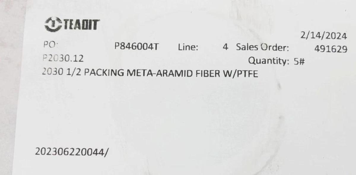 New Teadit P2030.12 Packing Meta-Aramid Fiber w/ PTFE 2030 1/2" 5LB Reel