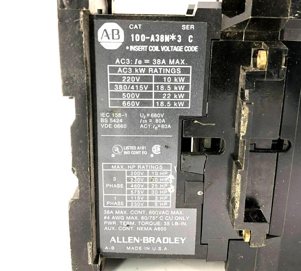 Used Allen Bradley 100-A38N*3 Ser. C Reversing Contactor (Coil Not Included)