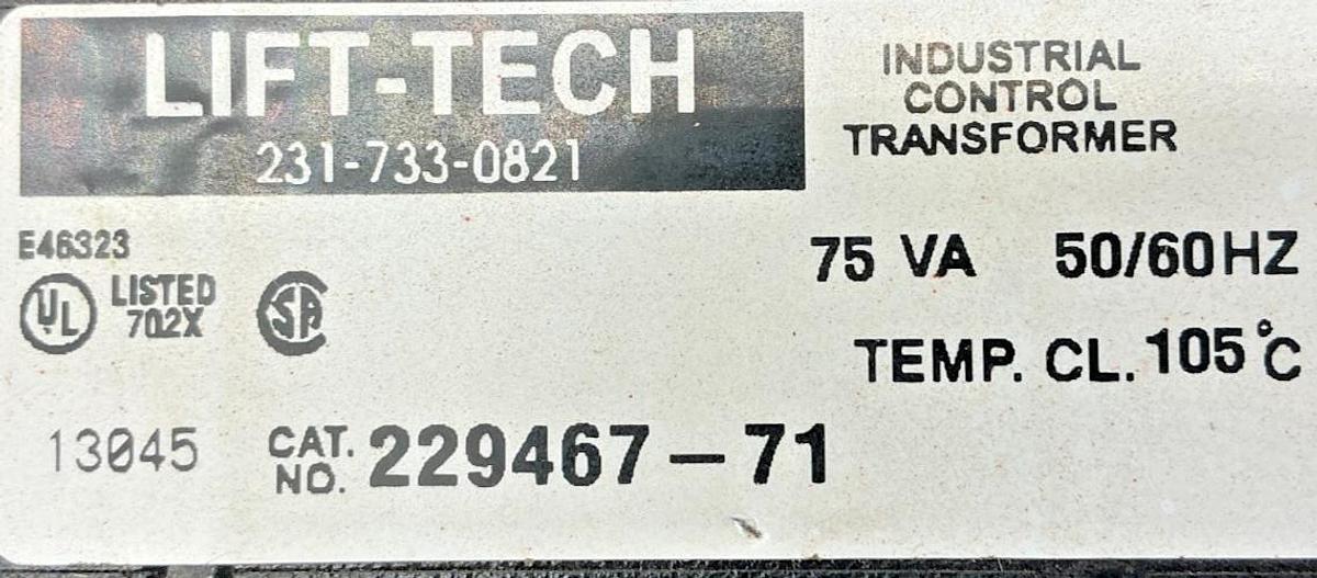 Used Lift-Tech 229467-71 Industrial Control Transformer 75VA Power 600V 50/60HZ