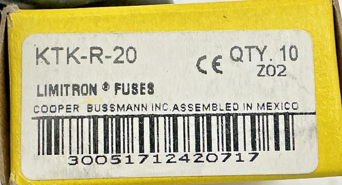New Bussmann KTK-R-20 Limitron Current-Limiting Class CC Fuse 20A 600V Box of 10