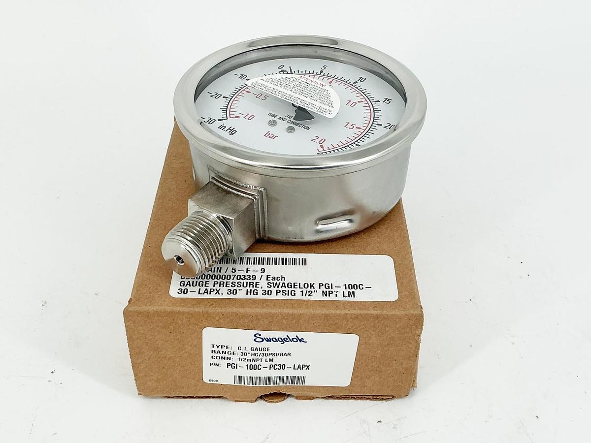 New Swagelok PGI-100C-PC30-LAPX Pressure Gauge 30PSIG 2Bar 1/2" NPT