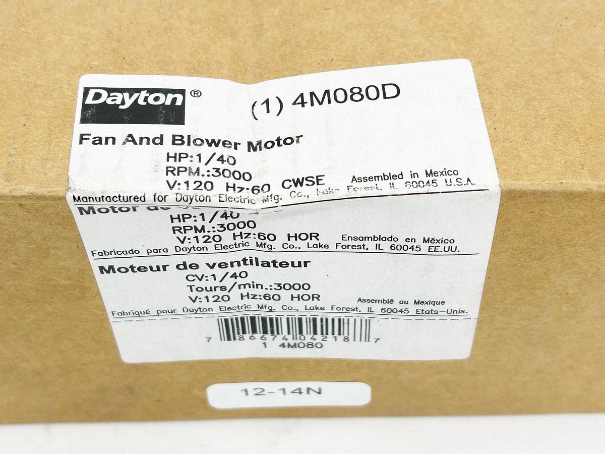 Dayton 4M080D Fan and Blower Motor 1/40HP 3000RPM 120Vac 60Hz 1:44AMP