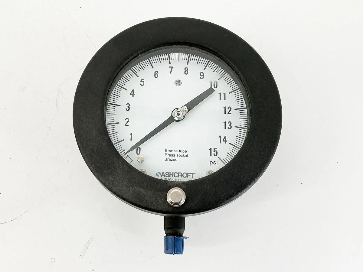 New Ashcroft 45-1377-AS-02L-15# Pressure Gauge 0-15PSI 4-1/2" BRZ Tube
