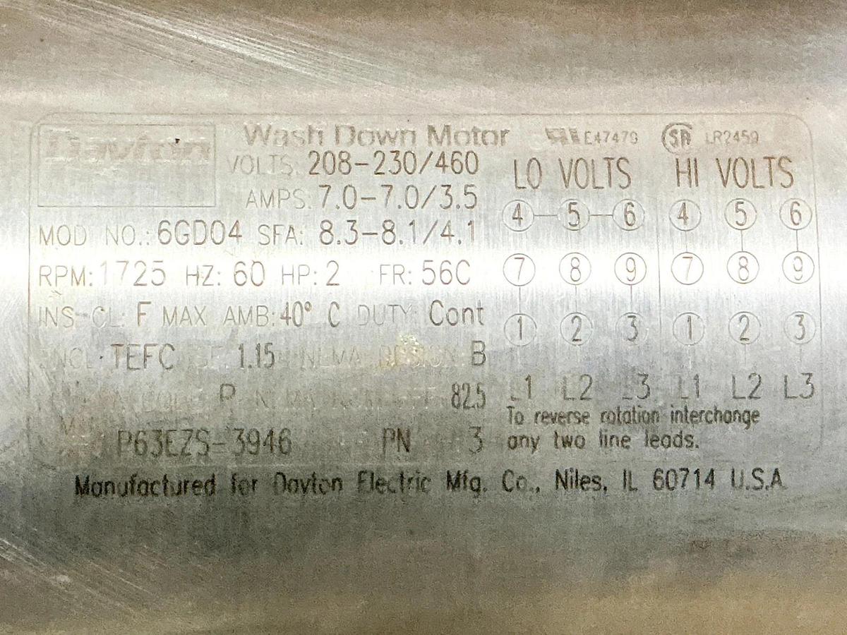 Used Dayton 6GD04 Wash Down Electric Motor 2HP 3PH 460V 1725RPM P63EZS-3946