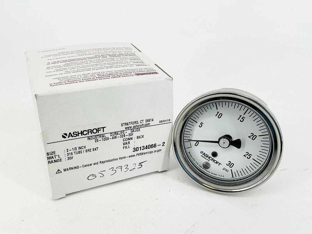 New Ashcroft 25-1009-AW-02B-30# Pressure Gauge 2-1/2" 30PSIG 1/4" NPT 316 Tube