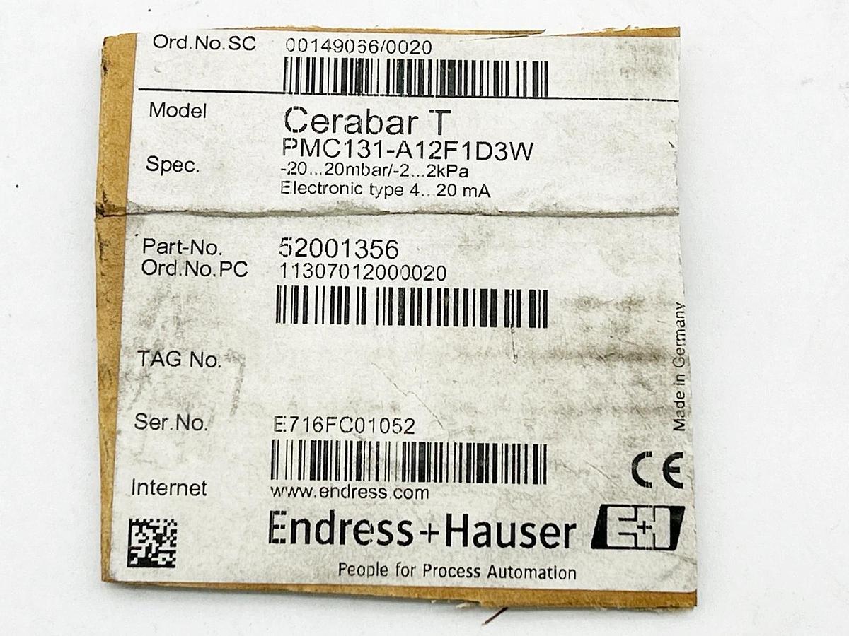 New Endress + Hauser PMC131-A12F1D3W Pressure Transducer 52001356 - No Box