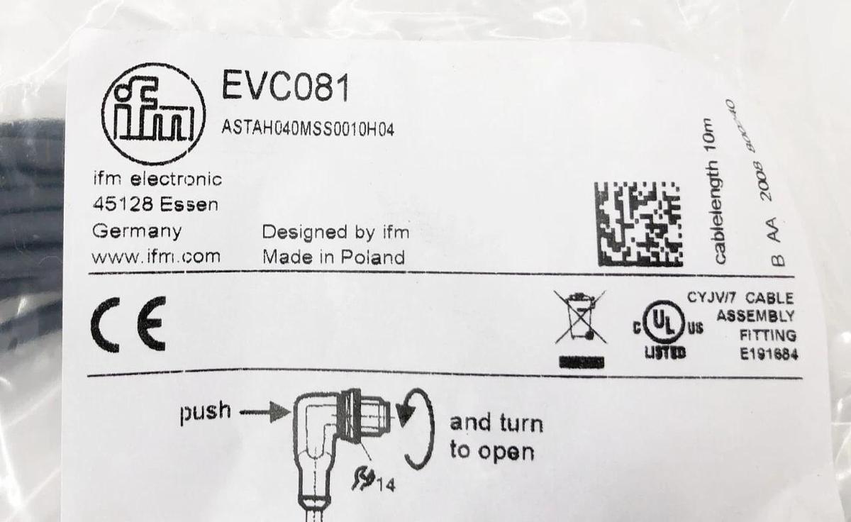 New IFM Efector EVC081 Male Cordset M12 4A 250AC/300DC 10m Length