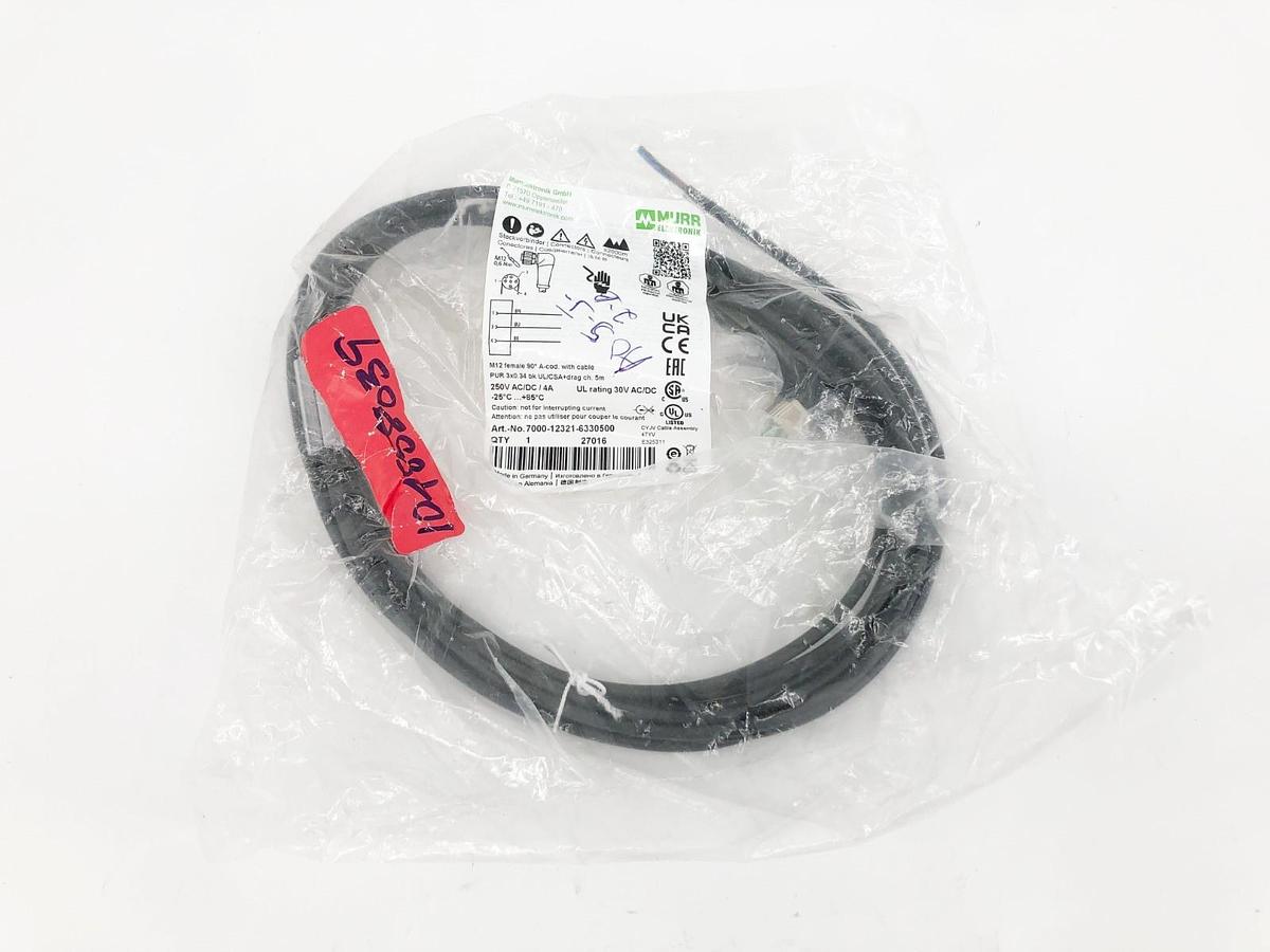 New Murr Elektronik 7000-12321-6330500 Cordset Right Angle M12 Black 22 AWG 4A