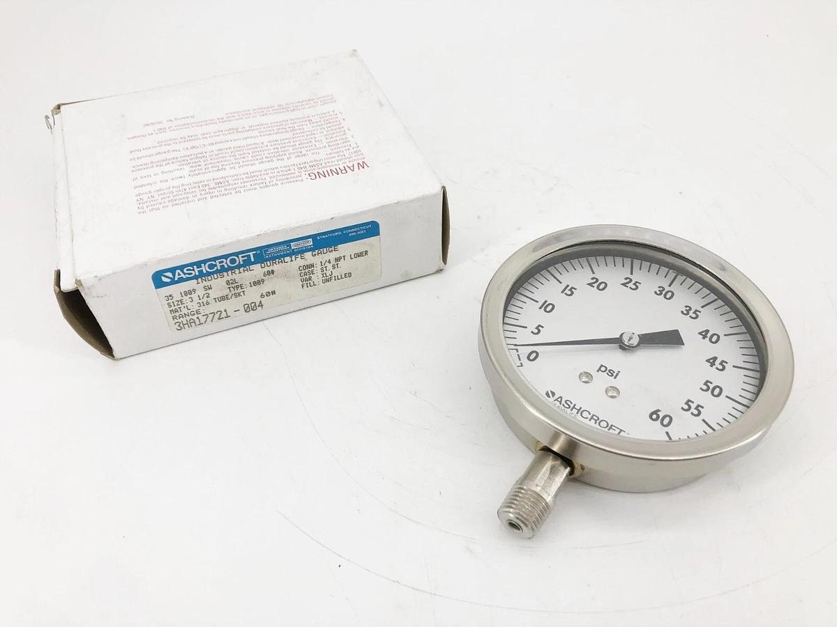 New Ashcroft 35-1009-SW-02L-60# Duralife Industrial 1/4" NPT Lower Mount 60psi