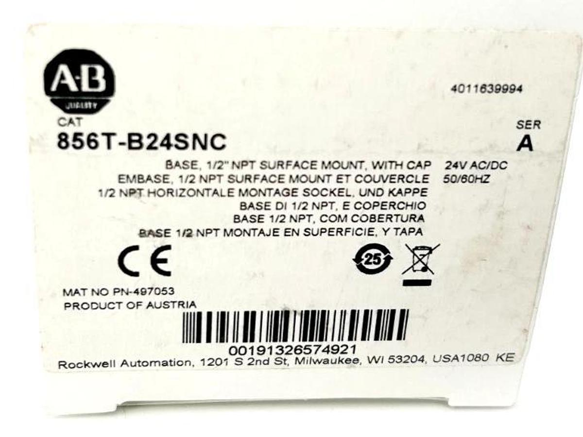 New Allen Bradley 856T-B24SNC Ser. A Base Surface Mount w/ Cap 24VAC/DC 1/2" NPT
